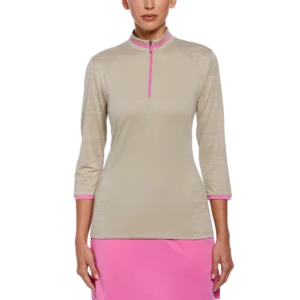 Color Block Zip Mock Neck 3/4 Sleeve Golf Polo Shirt